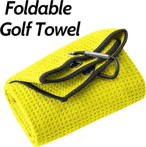 منشفة جولف من الألياف الدقيقة بنمط وافل مع خطاف وحلقة، مناشف جولف صفراء لحقائب الجولف للرجال والنساء in Kuwait