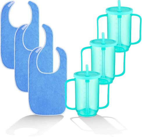 3 Pcs Unisex Adult Bib 3 Pcs Adult Sippy Cup with 2 Handles Spill Proof Cups for Adults Plastic Drinking Straw Cups with Straw Lid for Elderly Disabled Handicap Hospital Patients Convalescent in Saudi Arabia