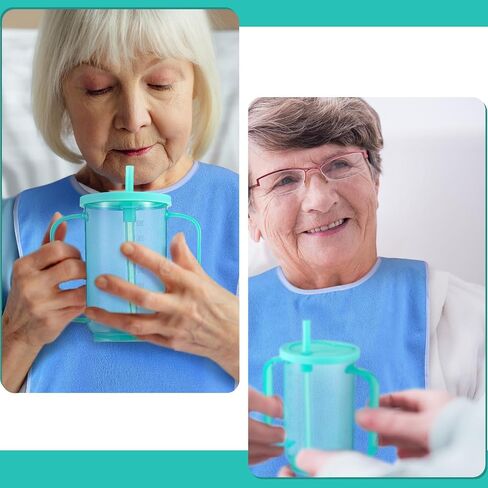 3 Pcs Unisex Adult Bib 3 Pcs Adult Sippy Cup with 2 Handles Spill Proof Cups for Adults Plastic Drinking Straw Cups with Straw Lid for Elderly Disabled Handicap Hospital Patients Convalescent in Saudi Arabia