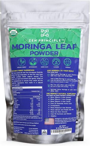 Zen Principle 1 lb. Premium Organic Moringa Oleifera Leaf Powder. 100% USDA Certified. Sun-Dried, All Natural Energy Boost, Raw Superfood and Multi-Vitamin. No GMO, Gluten Free. in Kuwait