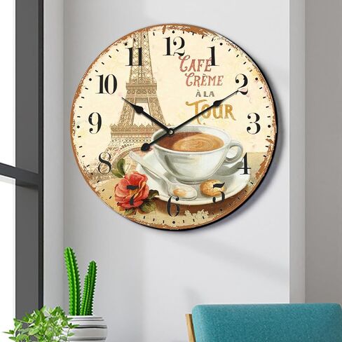 24 inch Wall Clocks French Coffee Wall Clock - Tower & Coffee French Style Large Wall Clocks Farmhouse Silent Clocks Upgraded Movement Large Number Battery Operation for Living Room Kitchen Decor in Saudi Arabia