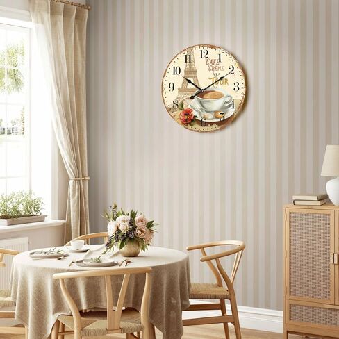 24 inch Wall Clocks French Coffee Wall Clock - Tower & Coffee French Style Large Wall Clocks Farmhouse Silent Clocks Upgraded Movement Large Number Battery Operation for Living Room Kitchen Decor in Saudi Arabia