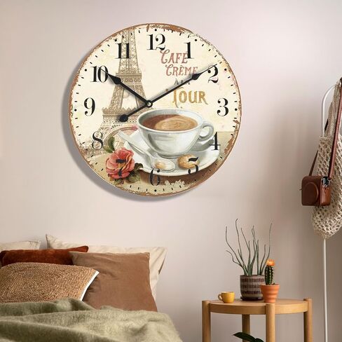 24 inch Wall Clocks French Coffee Wall Clock - Tower & Coffee French Style Large Wall Clocks Farmhouse Silent Clocks Upgraded Movement Large Number Battery Operation for Living Room Kitchen Decor in Saudi Arabia