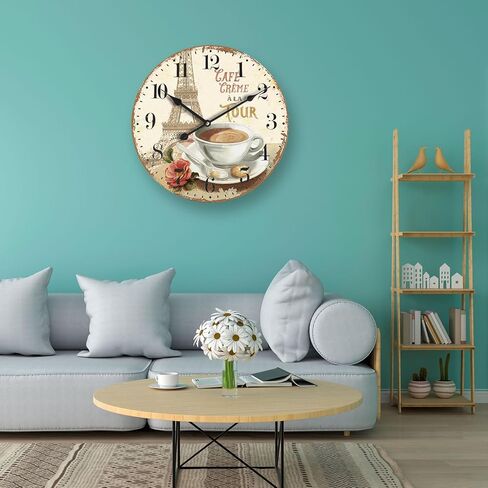24 inch Wall Clocks French Coffee Wall Clock - Tower & Coffee French Style Large Wall Clocks Farmhouse Silent Clocks Upgraded Movement Large Number Battery Operation for Living Room Kitchen Decor in Saudi Arabia