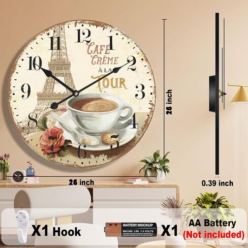 24 inch Wall Clocks French Coffee Wall Clock - Tower & Coffee French Style Large Wall Clocks Farmhouse Silent Clocks Upgraded Movement Large Number Battery Operation for Living Room Kitchen Decor in Saudi Arabia