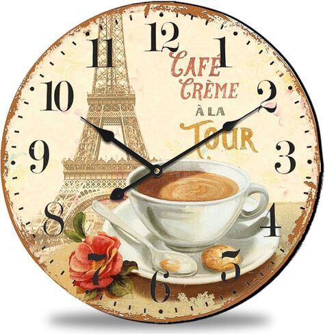 24 inch Wall Clocks French Coffee Wall Clock - Tower & Coffee French Style Large Wall Clocks Farmhouse Silent Clocks Upgraded Movement Large Number Battery Operation for Living Room Kitchen Decor in Saudi Arabia