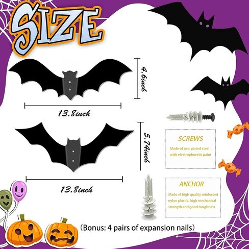 Halloween Decorations Black Bats Metal Sign Larger Halloween Bats Silhouette Hanging Wall Metal 3D Decorative Scary Bats with Two Screws 14in 2 Set in Saudi Arabia