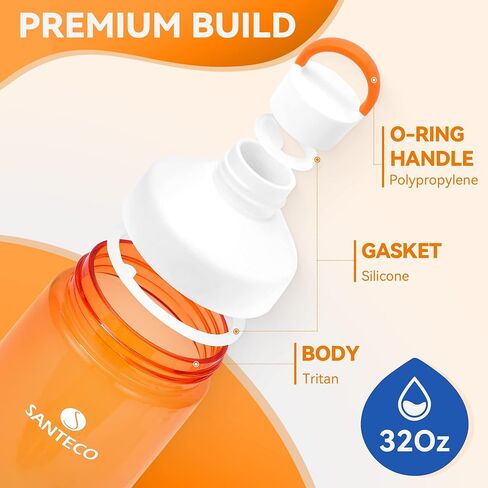 SANTECO Water Bottles 32 oz, Reusable Wide Mouth Water Bottle, Easy to Clean Leakproof Handle Lid, BPA Free Tritan Light Weight Sports Bottles for Daily Fitness, Gym, Running, Hiking - Orange in Saudi Arabia