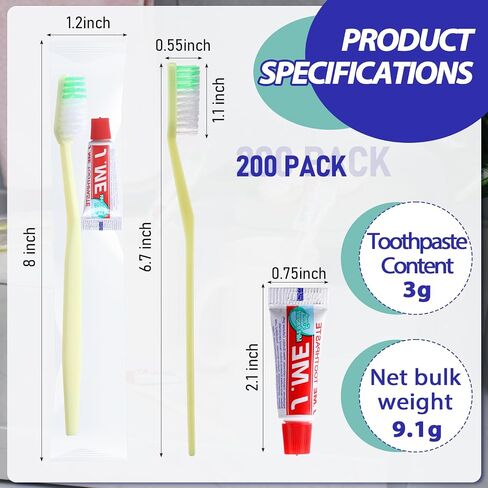 Zhehao 200 Pack Disposable Toothbrushes with Toothpaste Individually Wrapped Toothbrush and Toothpaste Set 3g Bulk Travel Toothpaste Travel Dental Kit for Homeless Hotel Guest Apartment Charity in Saudi Arabia
