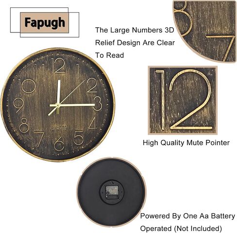 Wall Clock 12 inch Wall Clock Retro Silent Wall Clock Modern Non drip Battery Power Suitable for Home, Office, School, Kitchen, Bedroom, Living Room (Retro Copper) in Saudi Arabia