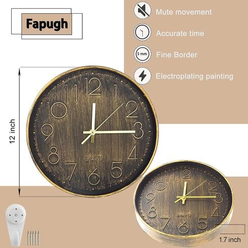 Wall Clock 12 inch Wall Clock Retro Silent Wall Clock Modern Non drip Battery Power Suitable for Home, Office, School, Kitchen, Bedroom, Living Room (Retro Copper) in Saudi Arabia