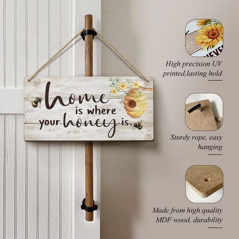 Bee Decor-Home is Where Your Honey is Sign 6x12 Inch |Honeycomb Decor Hanging Wood Signs for Home Bathroom Living Room Office,Coffee Bar,HD Pictures Wall Art Prints in Kuwait