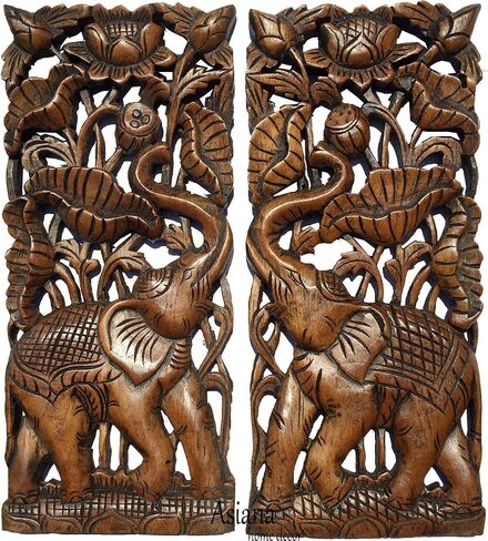 Asiana Home Decor Carved Wood Wall Panel- Elephant with Lotus Flower Design, Size 17.5"x7.5"x1 Each, Set of 2 Pcs. (Brown) in Saudi Arabia