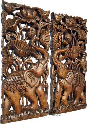 Asiana Home Decor Carved Wood Wall Panel- Elephant with Lotus Flower Design, Size 17.5"x7.5"x1 Each, Set of 2 Pcs. (Brown) in Saudi Arabia