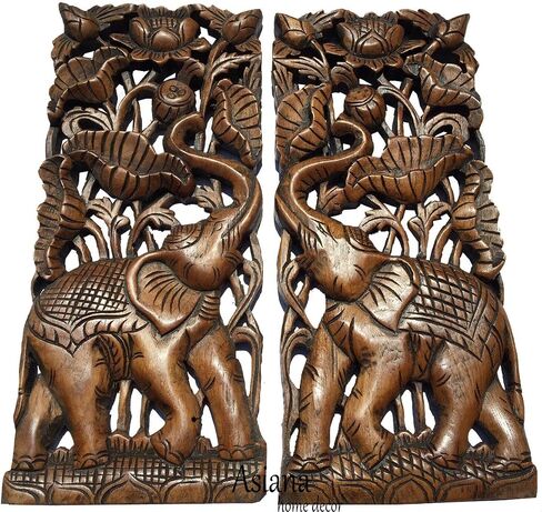 Asiana Home Decor Carved Wood Wall Panel- Elephant with Lotus Flower Design, Size 17.5"x7.5"x1 Each, Set of 2 Pcs. (Brown) in Saudi Arabia
