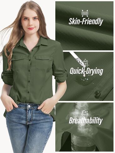 Women UPF 50+ Sun Protection Safari Shirts Quick Dry Lightweight Outdoor Fishing Hiking Travel Shirts with Zipper Pockets,5073 Army M in Kuwait