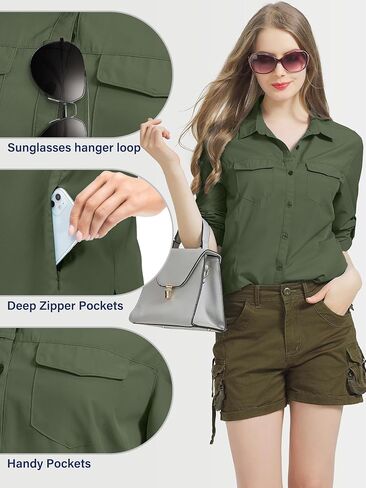 Women UPF 50+ Sun Protection Safari Shirts Quick Dry Lightweight Outdoor Fishing Hiking Travel Shirts with Zipper Pockets,5073 Army M in Kuwait