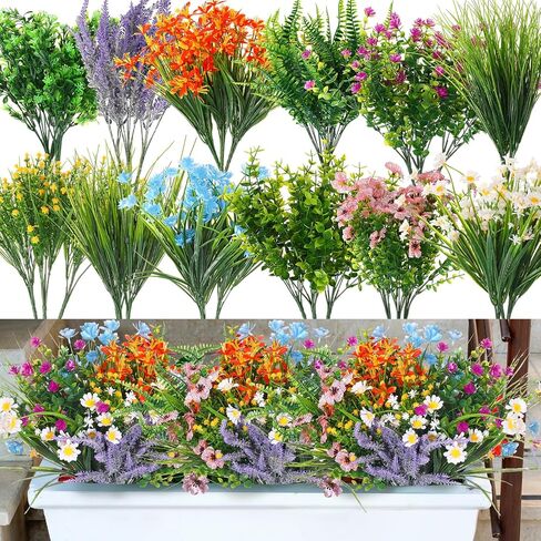 Hotop 36 Bundles Artificial Flowers Outdoor Uv Resistant Artificial Flowers Fake Plants Plastic Wildflowers for Hanging Planter Porch Window Home Wedding Spring Summer Decor(Classic Colors) in Saudi Arabia