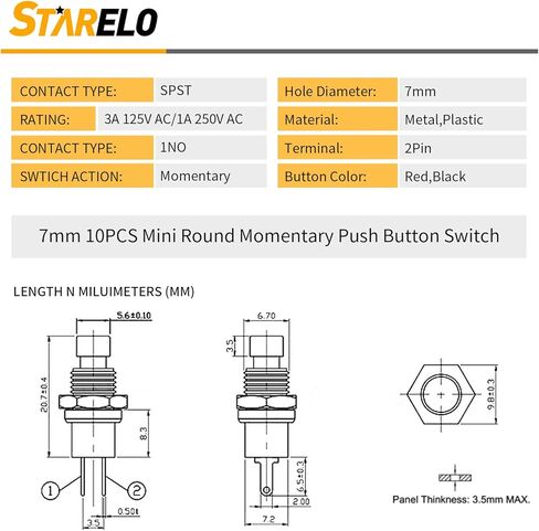 STARELO 10 قطعة 7 مم مفتاح زر ضغط مؤقت صغير 2Pin SPST مفتوح عادة 1A 250V AC مع أسلاك ملحومة مسبقًا (أحمر). in Kuwait