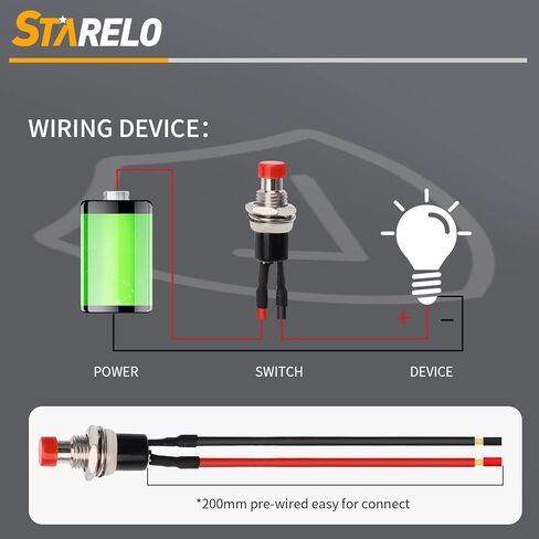 STARELO 10 قطعة 7 مم مفتاح زر ضغط مؤقت صغير 2Pin SPST مفتوح عادة 1A 250V AC مع أسلاك ملحومة مسبقًا (أحمر). in Kuwait