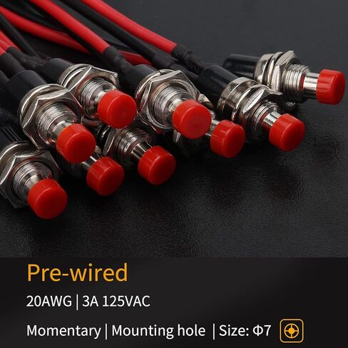 STARELO 10 قطعة 7 مم مفتاح زر ضغط مؤقت صغير 2Pin SPST مفتوح عادة 1A 250V AC مع أسلاك ملحومة مسبقًا (أحمر). in Kuwait