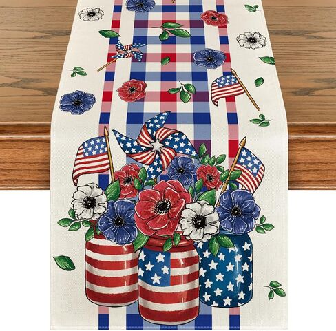 Artoid Mode Vase Flowers American Flag Stars 4th of July Table Runner, Seasonal Kitchen Dining Table Decoration for Home Party Decor 13x72 Inch in Saudi Arabia