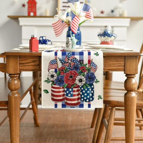 Artoid Mode Vase Flowers American Flag Stars 4th of July Table Runner, Seasonal Kitchen Dining Table Decoration for Home Party Decor 13x72 Inch in Saudi Arabia