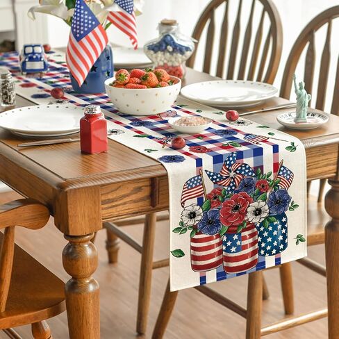 Artoid Mode Vase Flowers American Flag Stars 4th of July Table Runner, Seasonal Kitchen Dining Table Decoration for Home Party Decor 13x72 Inch in Saudi Arabia