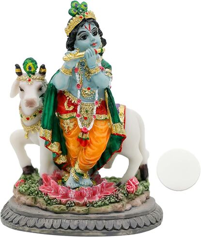 تمثال هندوسي أيدول لورد كريشنا - ارتفاع 8.89 سم مصنوع يدويًا كريشنا مورتي يلعب الفلوت مع البقرة للمكتب المنزلي، معبد ماندير، ضريح مذبح بوجا، هدايا ديوالي بوجا in Saudi Arabia
