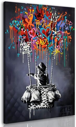 Framed Banksy Street Graffiti Wall Art Decor Large Abstract Pictures Canvas Painting Prints Colorful Modern Contemporary Poster Artwork Stretched for Wall Home Bathroom Bedroom Living Room Ready Hang (Framed-019, 8x12inch(20x30cm)x4) in Saudi Arabia