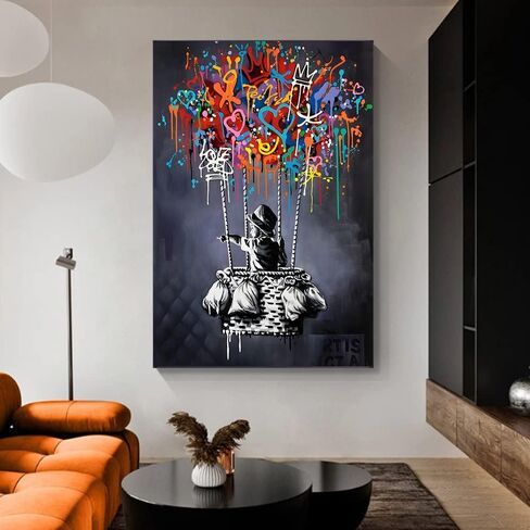 Framed Banksy Street Graffiti Wall Art Decor Large Abstract Pictures Canvas Painting Prints Colorful Modern Contemporary Poster Artwork Stretched for Wall Home Bathroom Bedroom Living Room Ready Hang (Framed-019, 8x12inch(20x30cm)x4) in Saudi Arabia