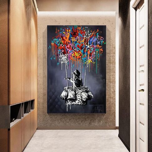 Framed Banksy Street Graffiti Wall Art Decor Large Abstract Pictures Canvas Painting Prints Colorful Modern Contemporary Poster Artwork Stretched for Wall Home Bathroom Bedroom Living Room Ready Hang (Framed-019, 8x12inch(20x30cm)x4) in Saudi Arabia