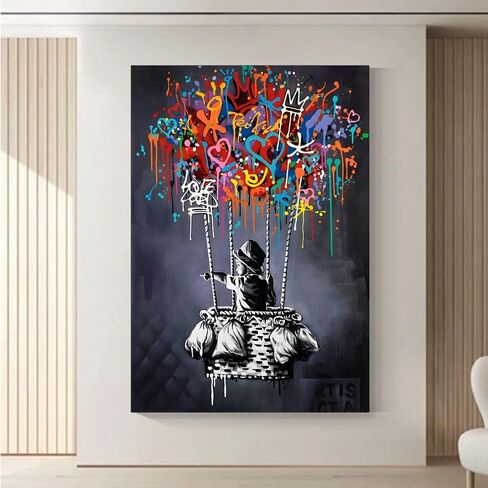 Framed Banksy Street Graffiti Wall Art Decor Large Abstract Pictures Canvas Painting Prints Colorful Modern Contemporary Poster Artwork Stretched for Wall Home Bathroom Bedroom Living Room Ready Hang (Framed-019, 8x12inch(20x30cm)x4) in Saudi Arabia