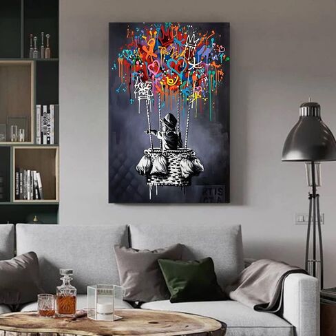Framed Banksy Street Graffiti Wall Art Decor Large Abstract Pictures Canvas Painting Prints Colorful Modern Contemporary Poster Artwork Stretched for Wall Home Bathroom Bedroom Living Room Ready Hang (Framed-019, 8x12inch(20x30cm)x4) in Saudi Arabia