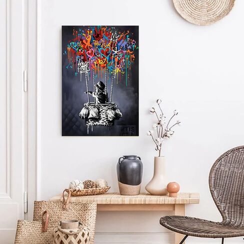 Framed Banksy Street Graffiti Wall Art Decor Large Abstract Pictures Canvas Painting Prints Colorful Modern Contemporary Poster Artwork Stretched for Wall Home Bathroom Bedroom Living Room Ready Hang (Framed-019, 8x12inch(20x30cm)x4) in Saudi Arabia