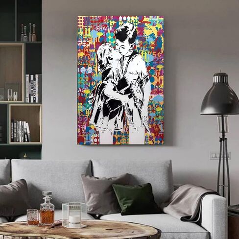 Framed Banksy Street Graffiti Wall Art Decor Large Abstract Pictures Canvas Painting Prints Colorful Modern Contemporary Poster Artwork Stretched for Wall Home Bathroom Bedroom Living Room Ready Hang (Framed-019, 8x12inch(20x30cm)x4) in Saudi Arabia