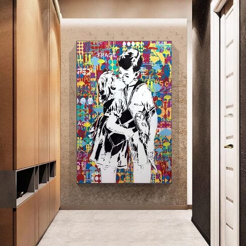Framed Banksy Street Graffiti Wall Art Decor Large Abstract Pictures Canvas Painting Prints Colorful Modern Contemporary Poster Artwork Stretched for Wall Home Bathroom Bedroom Living Room Ready Hang (Framed-019, 8x12inch(20x30cm)x4) in Saudi Arabia