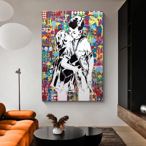 Framed Banksy Street Graffiti Wall Art Decor Large Abstract Pictures Canvas Painting Prints Colorful Modern Contemporary Poster Artwork Stretched for Wall Home Bathroom Bedroom Living Room Ready Hang (Framed-019, 8x12inch(20x30cm)x4) in Saudi Arabia