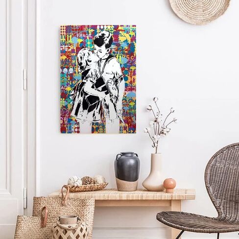 Framed Banksy Street Graffiti Wall Art Decor Large Abstract Pictures Canvas Painting Prints Colorful Modern Contemporary Poster Artwork Stretched for Wall Home Bathroom Bedroom Living Room Ready Hang (Framed-019, 8x12inch(20x30cm)x4) in Saudi Arabia