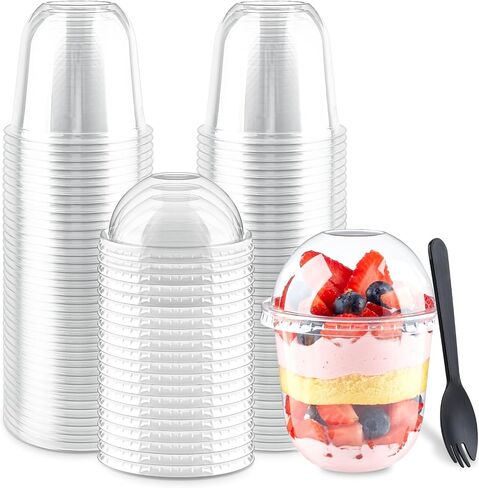 Zezzxu 50 Pack 12 oz Clear Plastic Dessert Cups with Dome Lids (No Hole) and Sporks, Disposable Yogurt Parfait Cups with Lids for Fruit Salad Ice Creams Pudding Cakes in Saudi Arabia