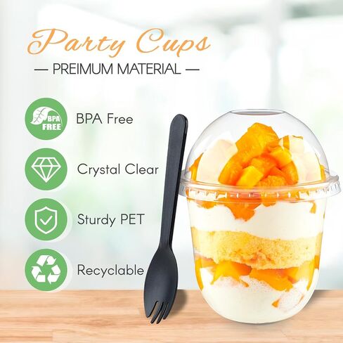 Zezzxu 50 Pack 12 oz Clear Plastic Dessert Cups with Dome Lids (No Hole) and Sporks, Disposable Yogurt Parfait Cups with Lids for Fruit Salad Ice Creams Pudding Cakes in Saudi Arabia