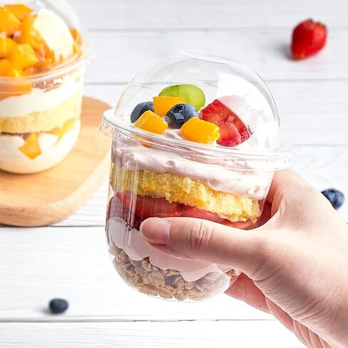 Zezzxu 50 Pack 12 oz Clear Plastic Dessert Cups with Dome Lids (No Hole) and Sporks, Disposable Yogurt Parfait Cups with Lids for Fruit Salad Ice Creams Pudding Cakes in Saudi Arabia