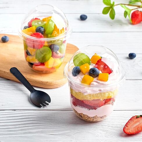 Zezzxu 50 Pack 12 oz Clear Plastic Dessert Cups with Dome Lids (No Hole) and Sporks, Disposable Yogurt Parfait Cups with Lids for Fruit Salad Ice Creams Pudding Cakes in Saudi Arabia