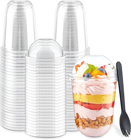 Zezzxu 50 Pack 12 oz Clear Plastic Dessert Cups with Dome Lids (No Hole) and Sporks, Disposable Yogurt Parfait Cups with Lids for Fruit Salad Ice Creams Pudding Cakes in Saudi Arabia