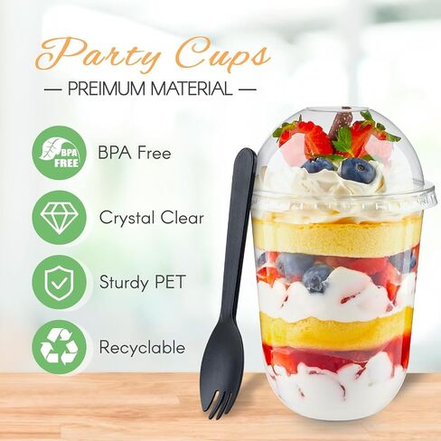 Zezzxu 50 Pack 12 oz Clear Plastic Dessert Cups with Dome Lids (No Hole) and Sporks, Disposable Yogurt Parfait Cups with Lids for Fruit Salad Ice Creams Pudding Cakes in Saudi Arabia