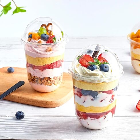 Zezzxu 50 Pack 12 oz Clear Plastic Dessert Cups with Dome Lids (No Hole) and Sporks, Disposable Yogurt Parfait Cups with Lids for Fruit Salad Ice Creams Pudding Cakes in Saudi Arabia