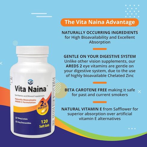 Vita Naina (120 SoftGels) | AREDS2 Eye Vitamins and Mineral Supplement (Zeaxanthin 2mg) | High Bioavailability and Bio-Absorption Formula | Easy on Your Digestive System | Easy to Swallow in Saudi Arabia