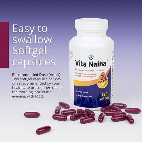 Vita Naina (120 SoftGels) | AREDS2 Eye Vitamins and Mineral Supplement (Zeaxanthin 2mg) | High Bioavailability and Bio-Absorption Formula | Easy on Your Digestive System | Easy to Swallow in Saudi Arabia