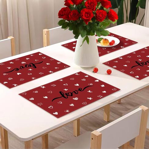 Valentine's Day Placemats, Set of 4, 12x18 Inches Red Love Heart Table Mats for Kitchen Dining Wedding Anniversary Valentine Decorations Party Decor in Saudi Arabia