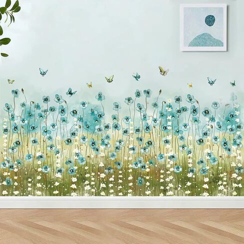 Blue Flowers Wall Decals White Daisy Wall Stickers DIY Peel and Stick Butterfly Plants Wall Sticker for Baby Kids Girls Bedroom Nursery Living Room Office Corners Skirting Lines in Saudi Arabia